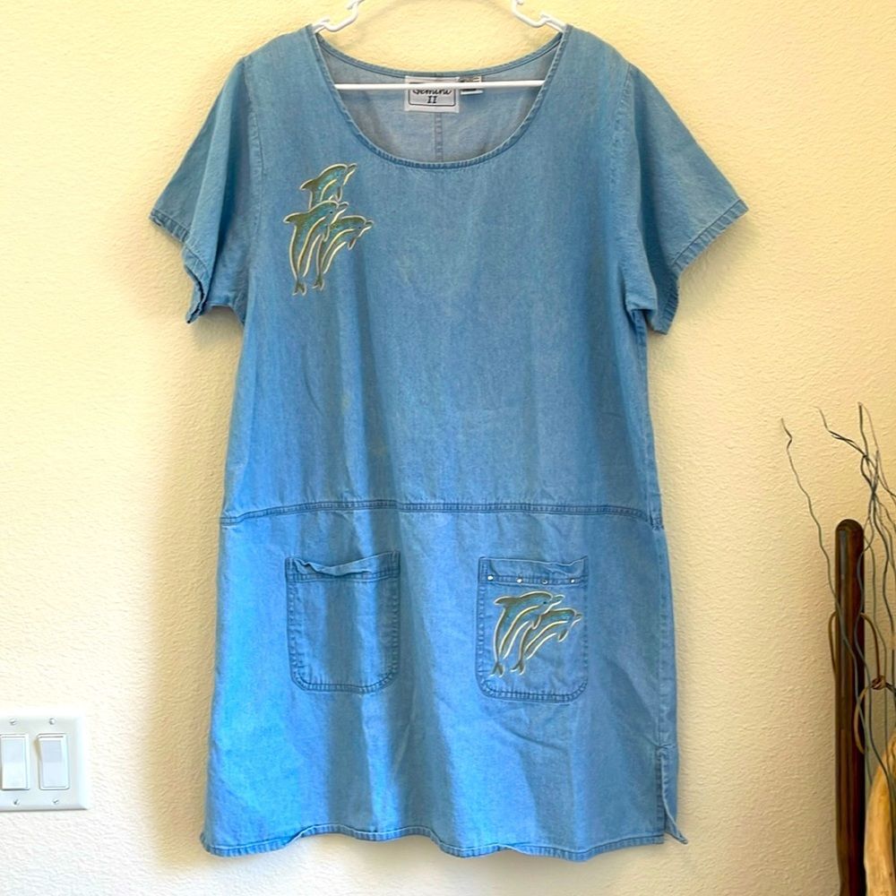 Gemini II Denim Dress Dolphin Embellished Beach Cover Up Vintage XL